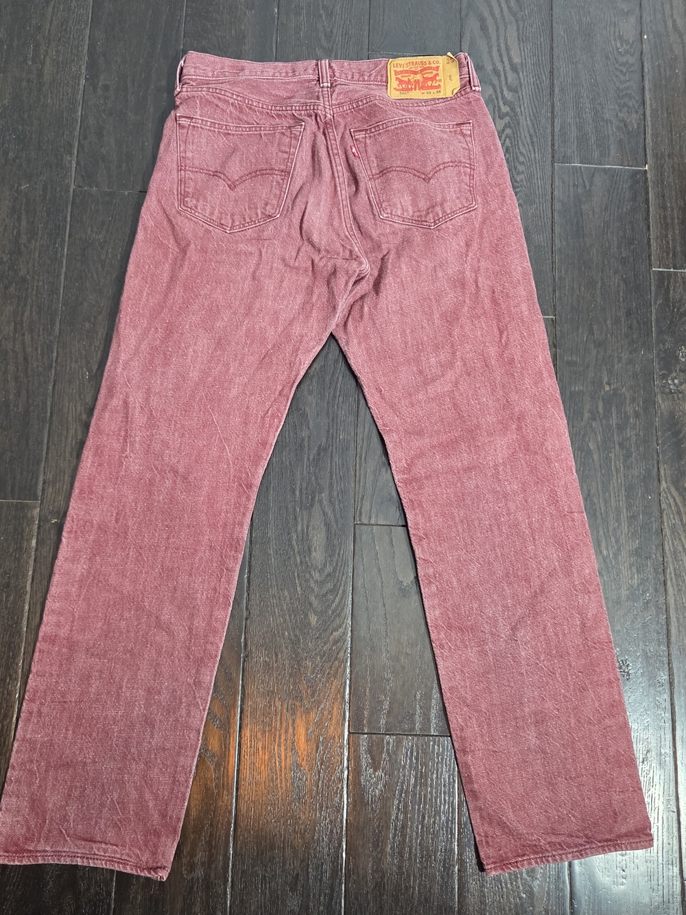 Levi’s 501 Original Fit White Oak Cone Jeans Size 33x34 Burgundy Wash Button Fly